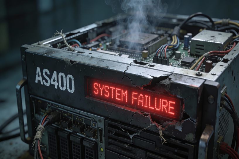 AS400 system failure warning on a server rack