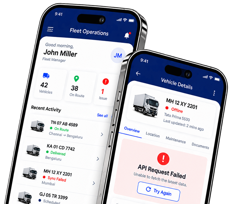Fleet operations app screens showing a sync failure and a failed API request