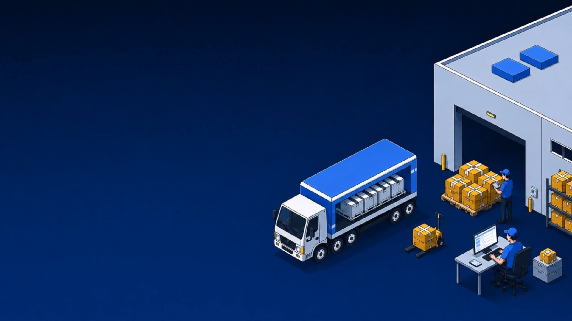 Warehouse logistics automation with truck, cargo, and operations desk