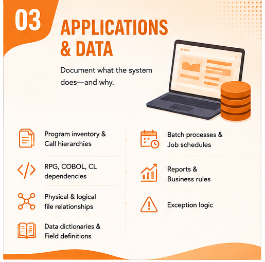 AS400 applications and data documentation covering program inventory, RPG and COBOL dependencies, file relationships, data dictionaries, batch jobs, reports, business rules, and exception logic.