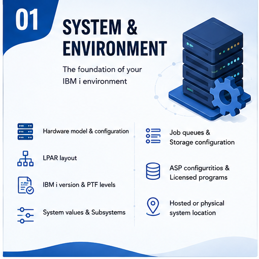 AS400 system and environment documentation covering hardware configuration, LPAR layout, IBM i version and PTF levels, system values, job queues, ASP configuration, and hosting details.
