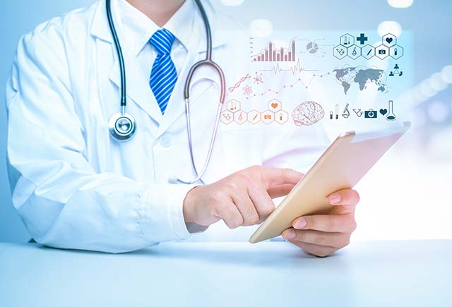 Doctor checking for bioinformatics services on the cloud