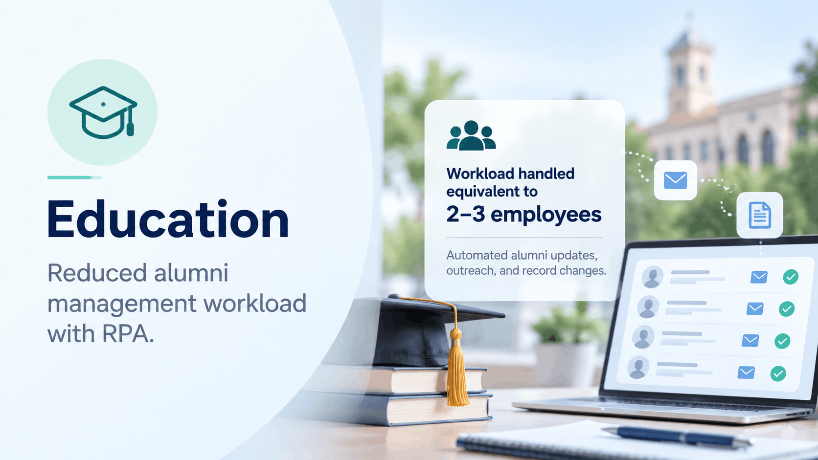 RPA in education: alumni management workload equivalent to 2–3 employees handled by bots automating alumni updates, outreach, and record changes