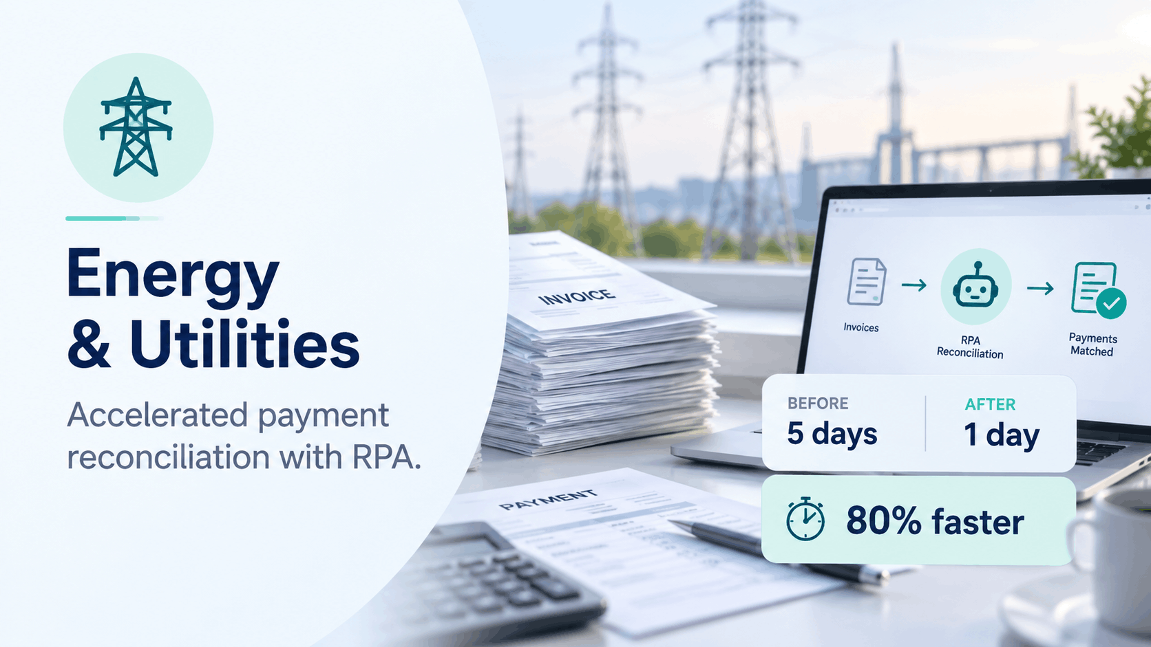RPA in energy and utilities: payment reconciliation accelerated from 5 days to 1 day, 80% faster, with a bot matching invoices to payments in the CRM