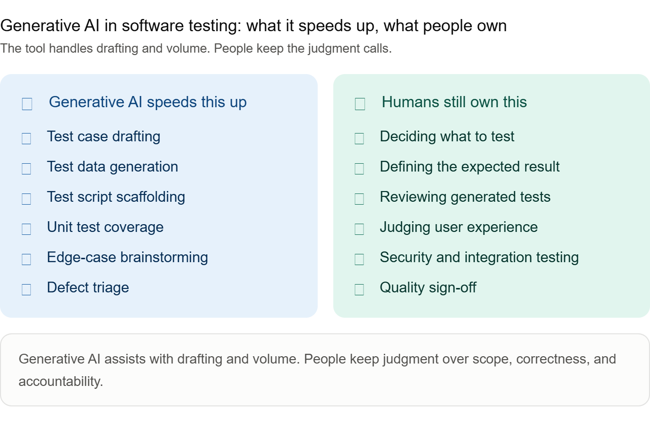 Infographic split into two contrasting sections. The left side, headed "Generative AI speeds this up," lists test case drafting, test data generation, test script scaffolding, unit test coverage, edge-case brainstorming, and defect triage, each marked with a checkmark. The right side, headed "Humans still own this," lists deciding what to test, defining the expected result, reviewing generated tests, judging user experience, security and integration testing, and quality sign-off, each marked with a person icon. The visual shows that generative AI assists with drafting and volume while people keep judgment over scope, correctness, and accountability.