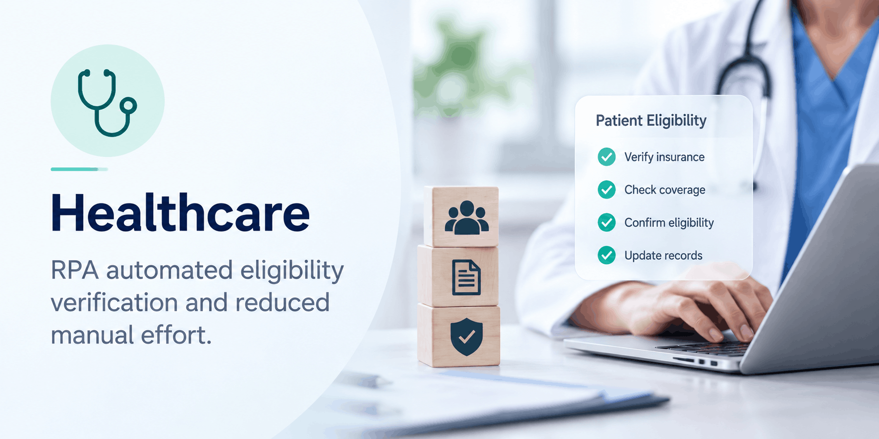 RPA in healthcare: patient eligibility verification time reduced from 15 minutes to 20 seconds per check, with a bot checking eligibility, validating data, updating the system, and notifying the team