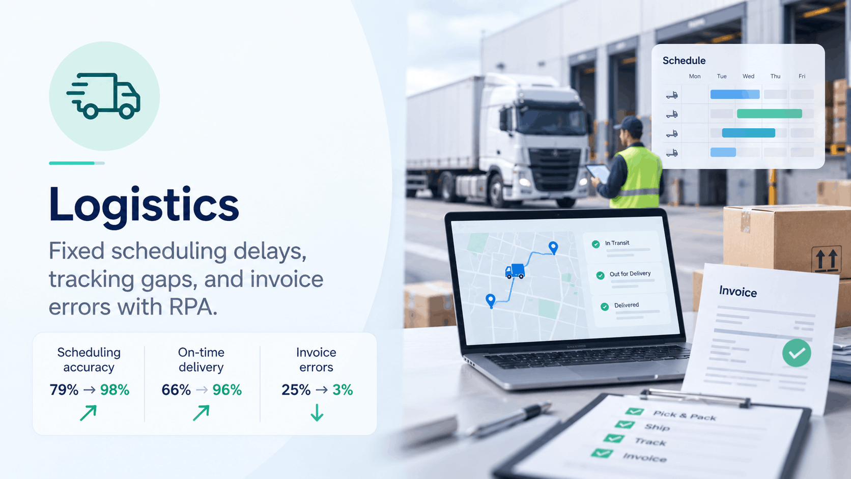 RPA in logistics: scheduling accuracy up from 79% to 98%, on-time delivery up from 66% to 96%, and invoice errors down from 25% to 3%