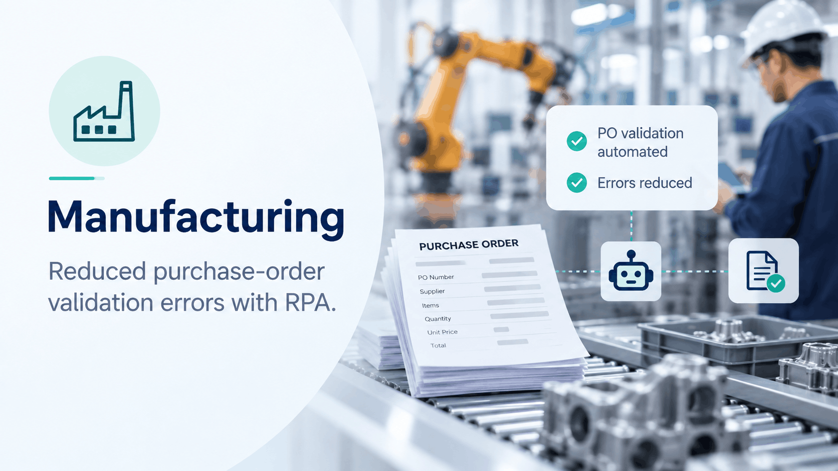 RPA in manufacturing: purchase order validation automated and errors reduced, with a bot checking each PO on the production line workflow