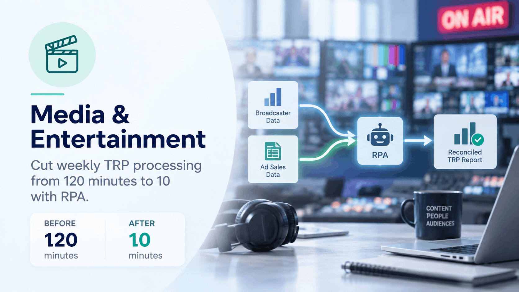 RPA in media and entertainment: weekly TRP processing cut from 120 minutes to 10, with a bot reconciling broadcaster data and ad sales data into a single TRP report